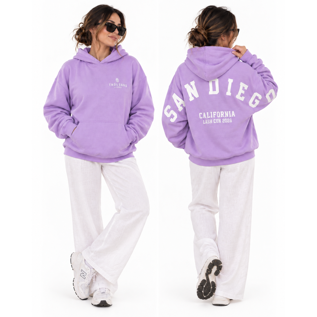 Person wearing a lavender oversized Thousand Lashes hoodie showing the front logo and back San Diego California Lash Con 2026 design.
