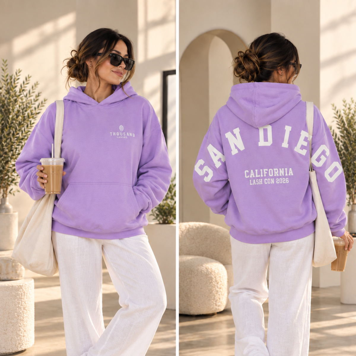 Person wearing a lavender oversized Thousand Lashes hoodie showing the front logo and back San Diego California Lash Con 2026 design