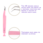 Pink Thousandlashes 45-degree isolation tweezer showing the angled tip and textured grip.