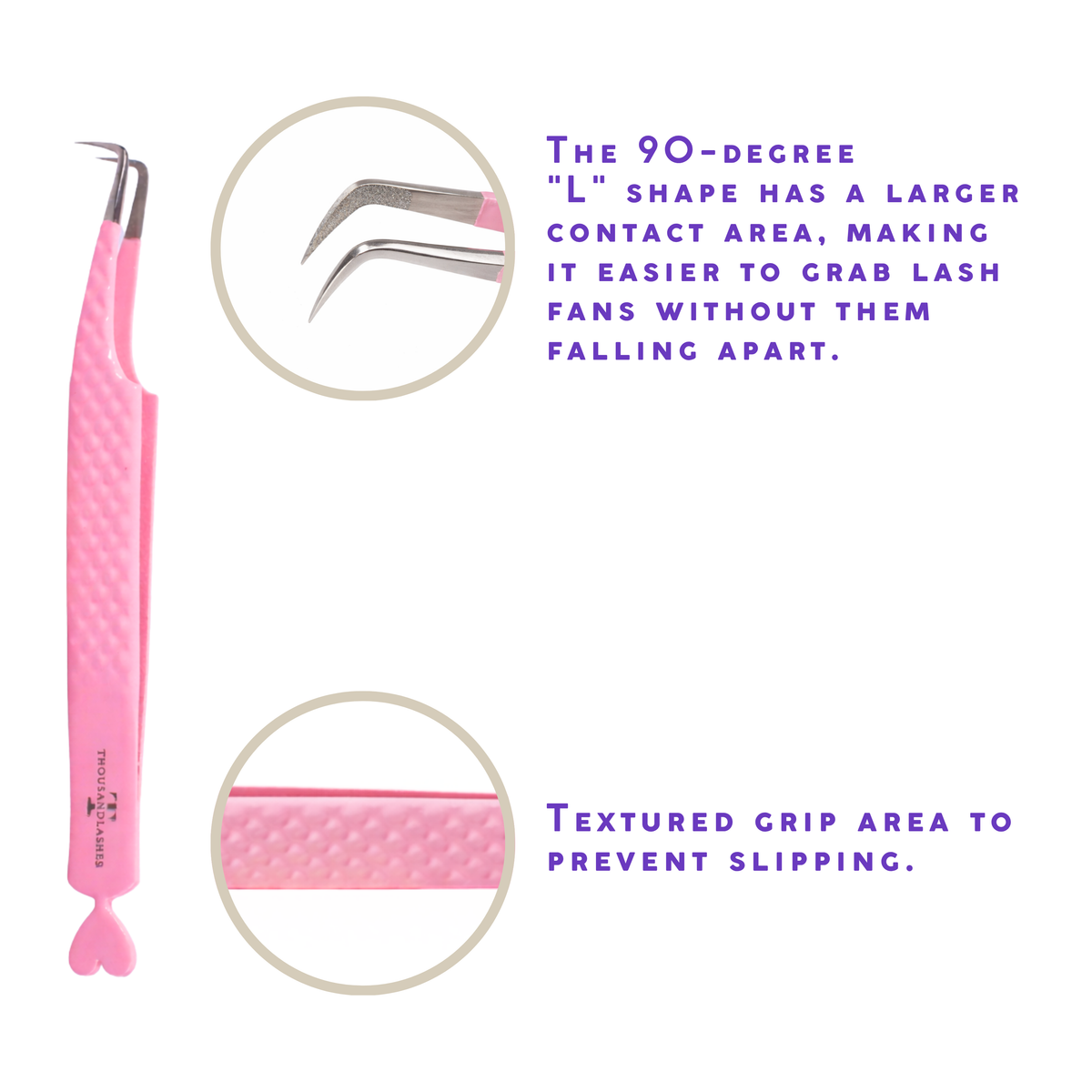 Pink Thousandlashes 90-degree lash tweezer showing the L-shaped tip and textured grip.