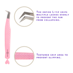 Pink Thousandlashes L-tip lash tweezer showing the tip shape and textured grip.
