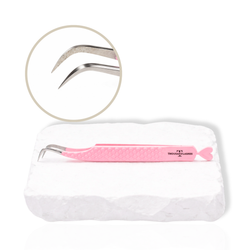 Pink Thousandlashes curved lash tweezer with close-up view of the tip on a white stone surface.