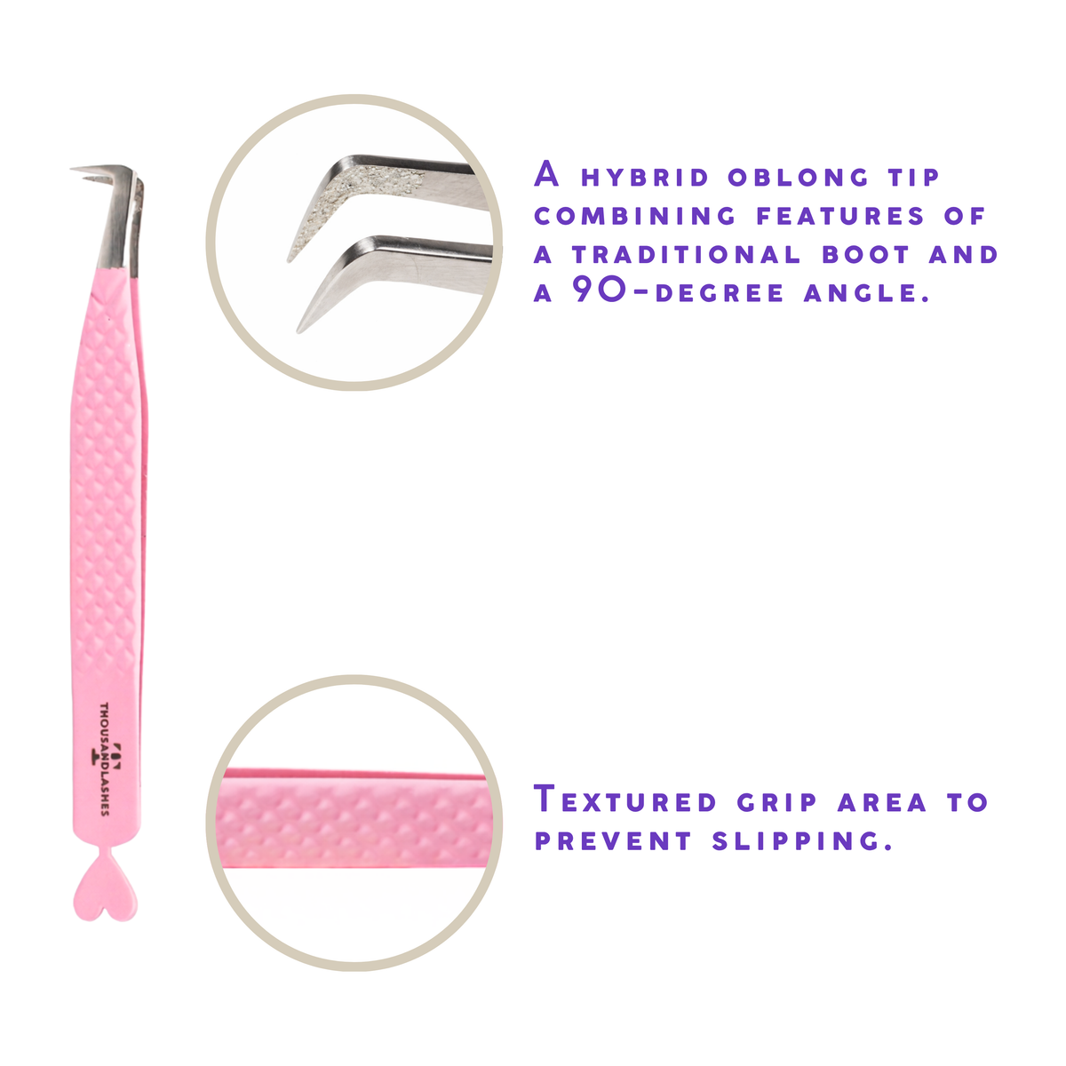 Pink Thousandlashes hybrid 90-degree lash tweezer showing the angled tip and textured grip.