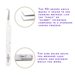 Precision Volume 90 Degree Tweezer with close-up details showing curved tip design and precision grip