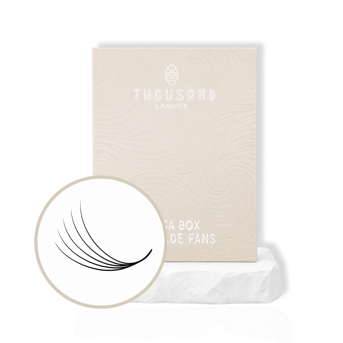 ThousandLashes 5D Pro-Made Volume Fans box with a close-up view of black pre-made lash fans ready for volume lash applications