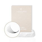 ThousandLashes 5D Pro-Made Volume Fans box with a close-up view of black pre-made lash fans ready for volume lash applications