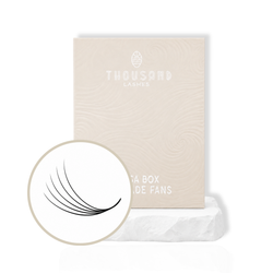 ThousandLashes 5D Pro-Made Volume Fans box with a close-up view of black pre-made lash fans ready for volume lash applications