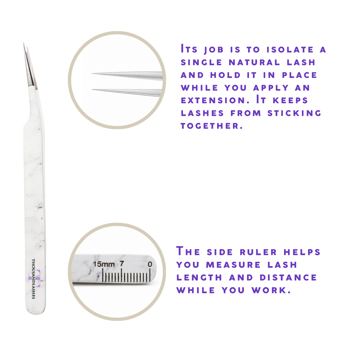 Professional straight lash isolation tweezer with white marble-pattern handle showing the fine pointed tip, close-up detail, and built-in ruler for measuring lash length and distance.