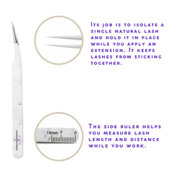 Professional straight lash isolation tweezer with white marble-pattern handle showing the fine pointed tip, close-up detail, and built-in ruler for measuring lash length and distance.