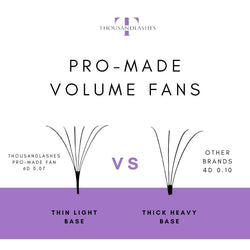 Comparison graphic showing Pro-Made Volume Fans with thin, even bases compared with other lash fans