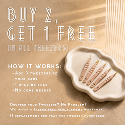 Promotional graphic showing a buy 2 get 1 free offer on eyelash tweezers with three rose gold tweezers displayed on a ceramic tray and text explaining the offer details and free replacement warranty.