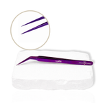 Purple Laila curved tip lash tweezer with pointed tip displayed on a white background for professional eyelash extension application.