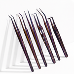 Purple eyelash extension tweezer set displayed in different shapes and angles for precision lash application.
