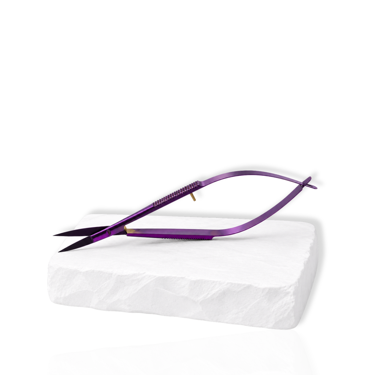 Purple lash scissors displayed open