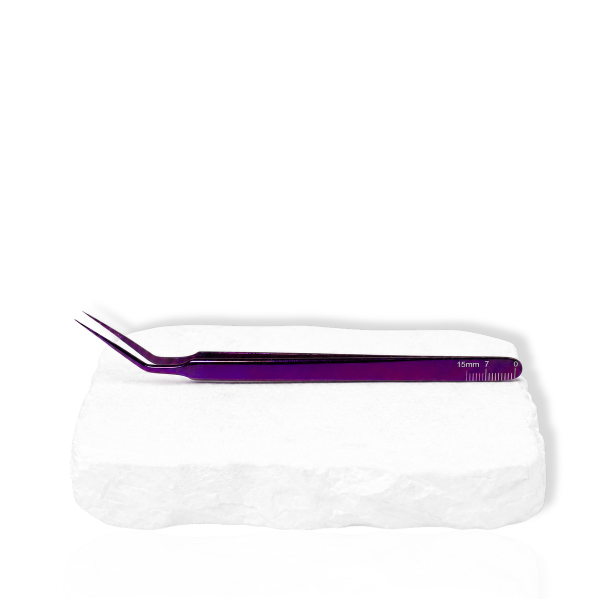 Purple precision lash extension tweezer with pointed angled tip displayed on a white background for professional eyelash application.
