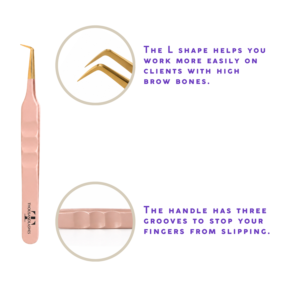 Rose gold L-shaped lash tweezer with angled gold tip and textured handle for precise eyelash extension application.