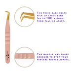 Rose gold volume lash tweezer with angled gold tip and textured handle for creating large volume lash fans.