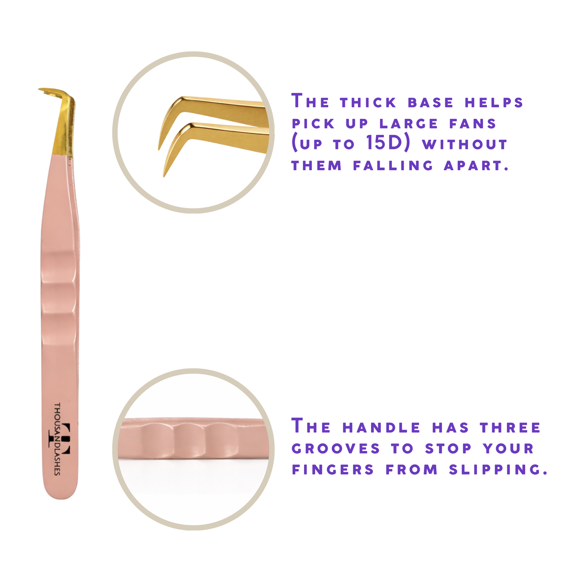 Rose gold volume lash tweezer with angled gold tip and textured handle for creating large volume lash fans.
