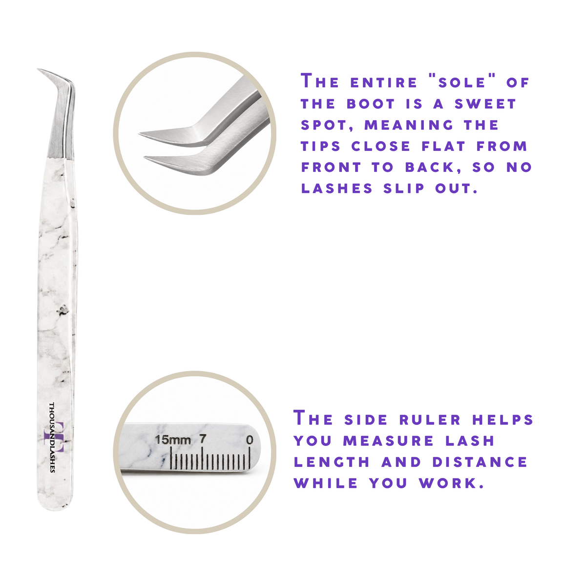 Short tip lash tweezer with white marble-pattern handle showing a close-up of the angled boot tip and built-in ruler for measuring lash length and distance.