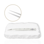 Straight isolation lash tweezer with white marble-pattern handle showing the fine pointed tip and close-up view of the precision tip on a white background.
