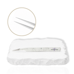 Straight isolation lash tweezer with white marble-pattern handle showing the fine pointed tip and close-up view of the precision tip on a white background.