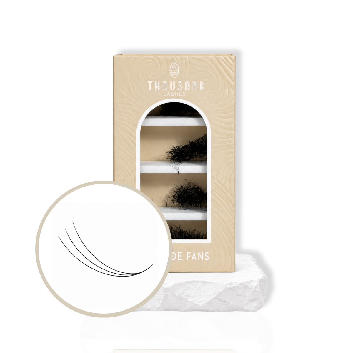 Thousandlashes 3D Promade Fans lash box with close-up of wide curved lash fans