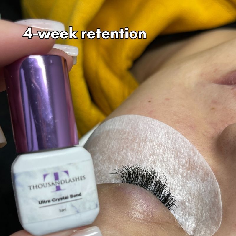 ThousandLashes Ultra Crystal Bond eyelash adhesive showing 4-week lash extension retention result during professional lash application