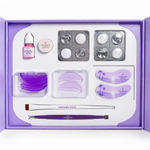 Thousand Lashes Korean Lash Lift kit contents arranged in a purple packaging box with lash lift solutions, capsules, rods, brush, tools, and under eye patches.