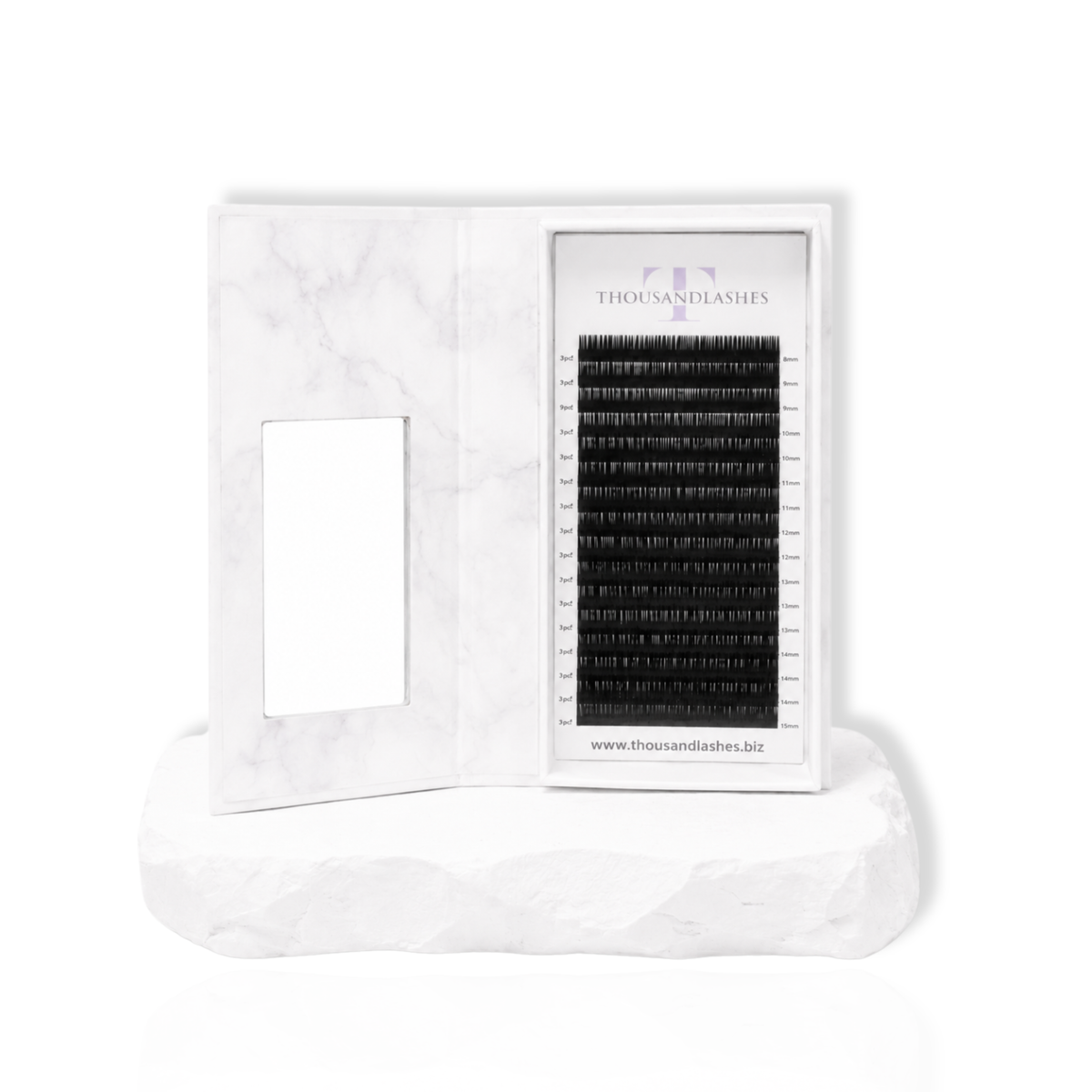 Thousand Lashes Wet Volume Lashes mixed length extensions with labeled lash strips for professional lash artists
