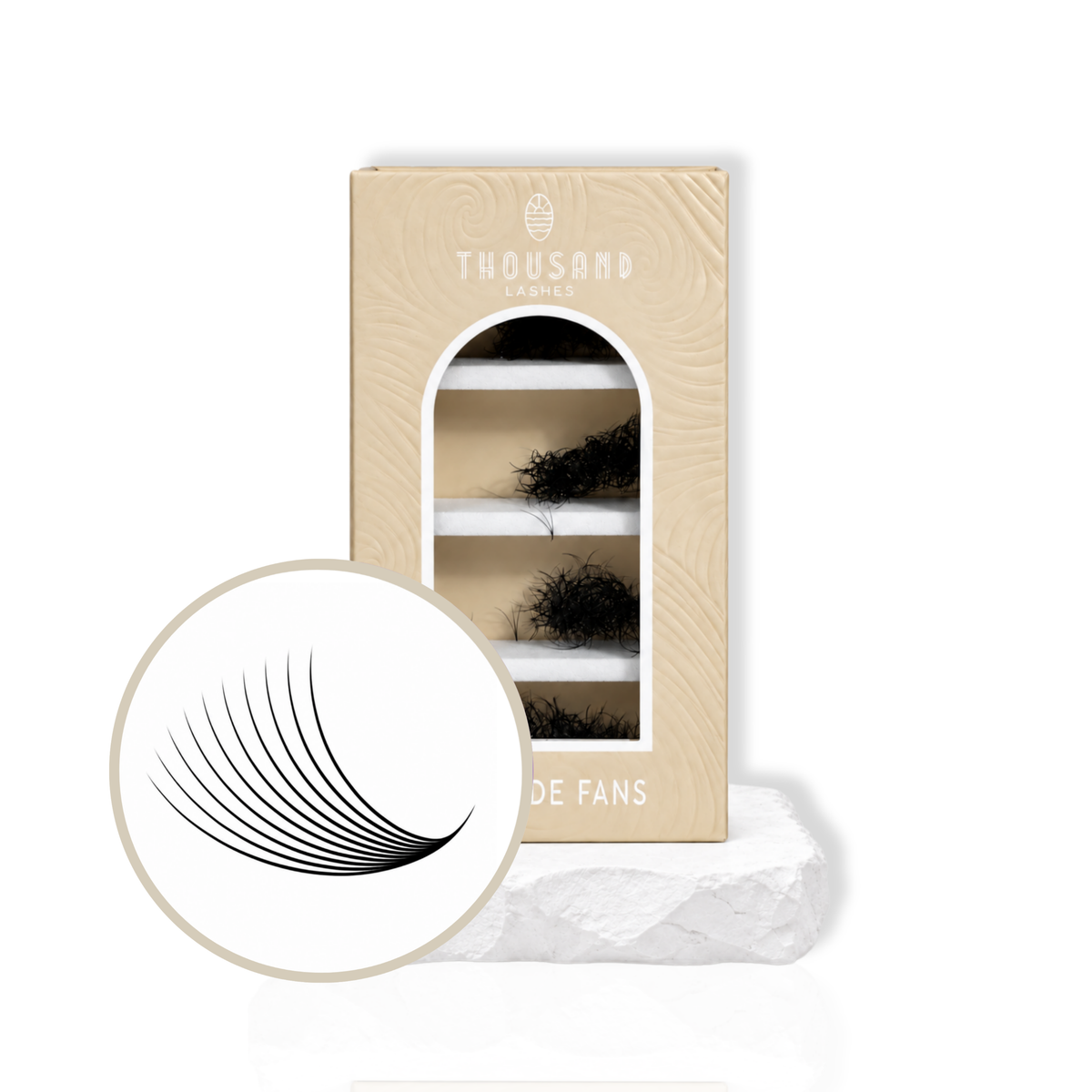 Thousandlashes 10D Promade Fans lash box with close-up of wide curved lash fans