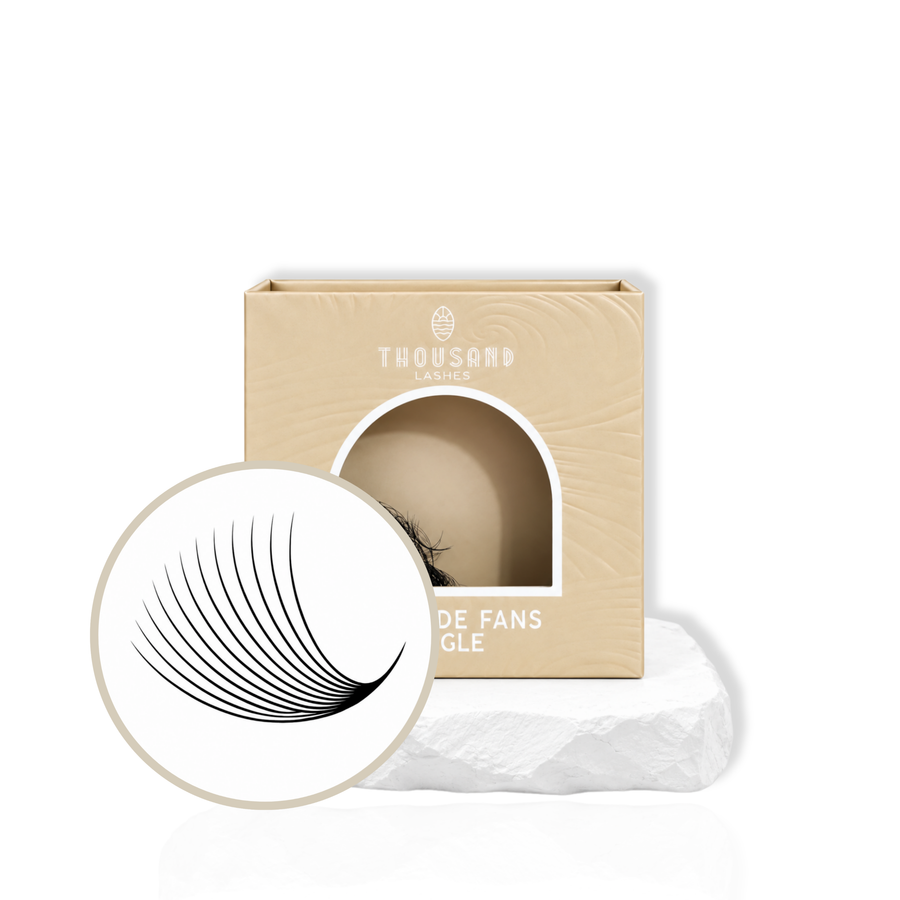 Thousandlashes 12D Pro-Made Volume Fans in beige lash tray with fan close-up