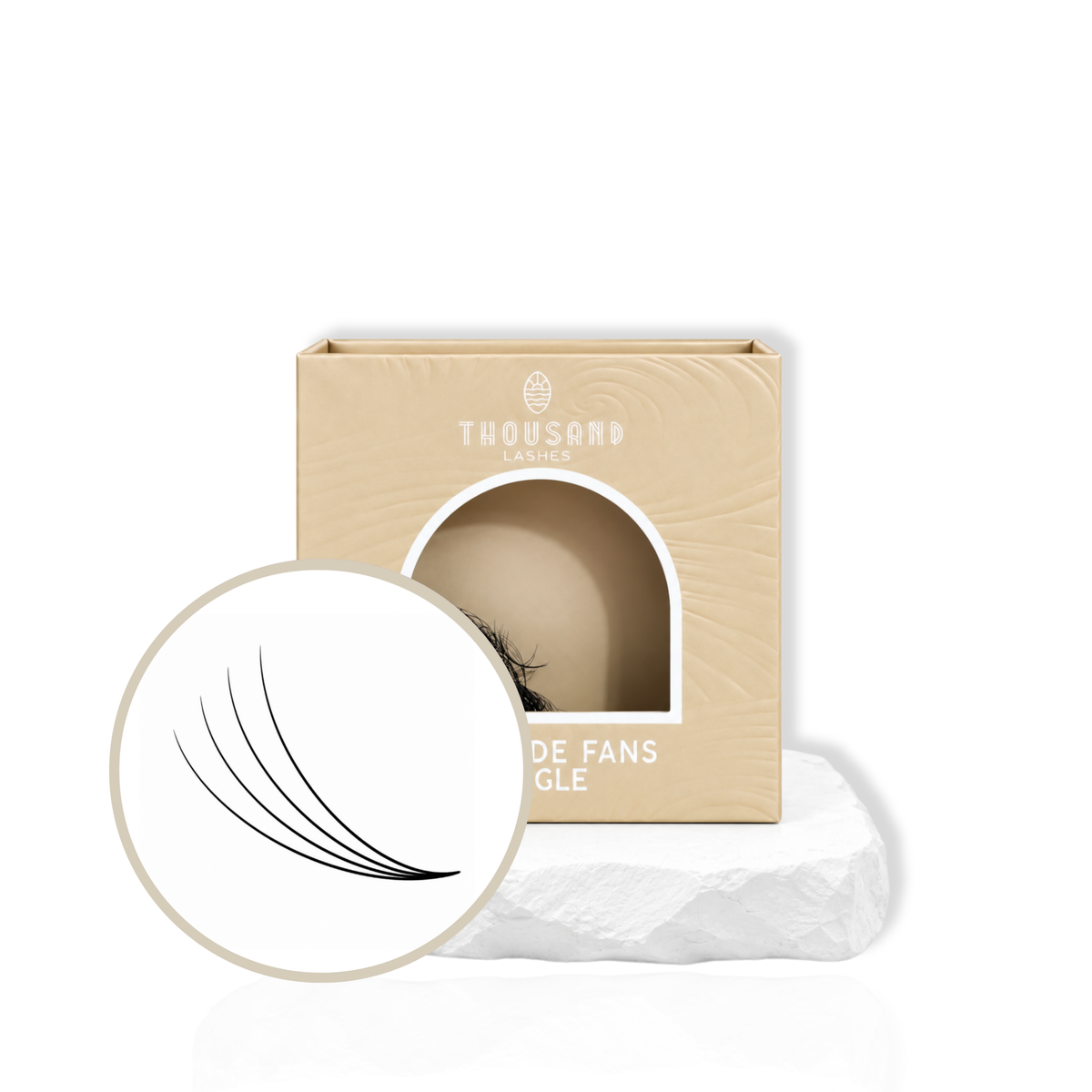 Thousandlashes 4D Pro-Made Volume Fans in beige lash tray with fan close-up