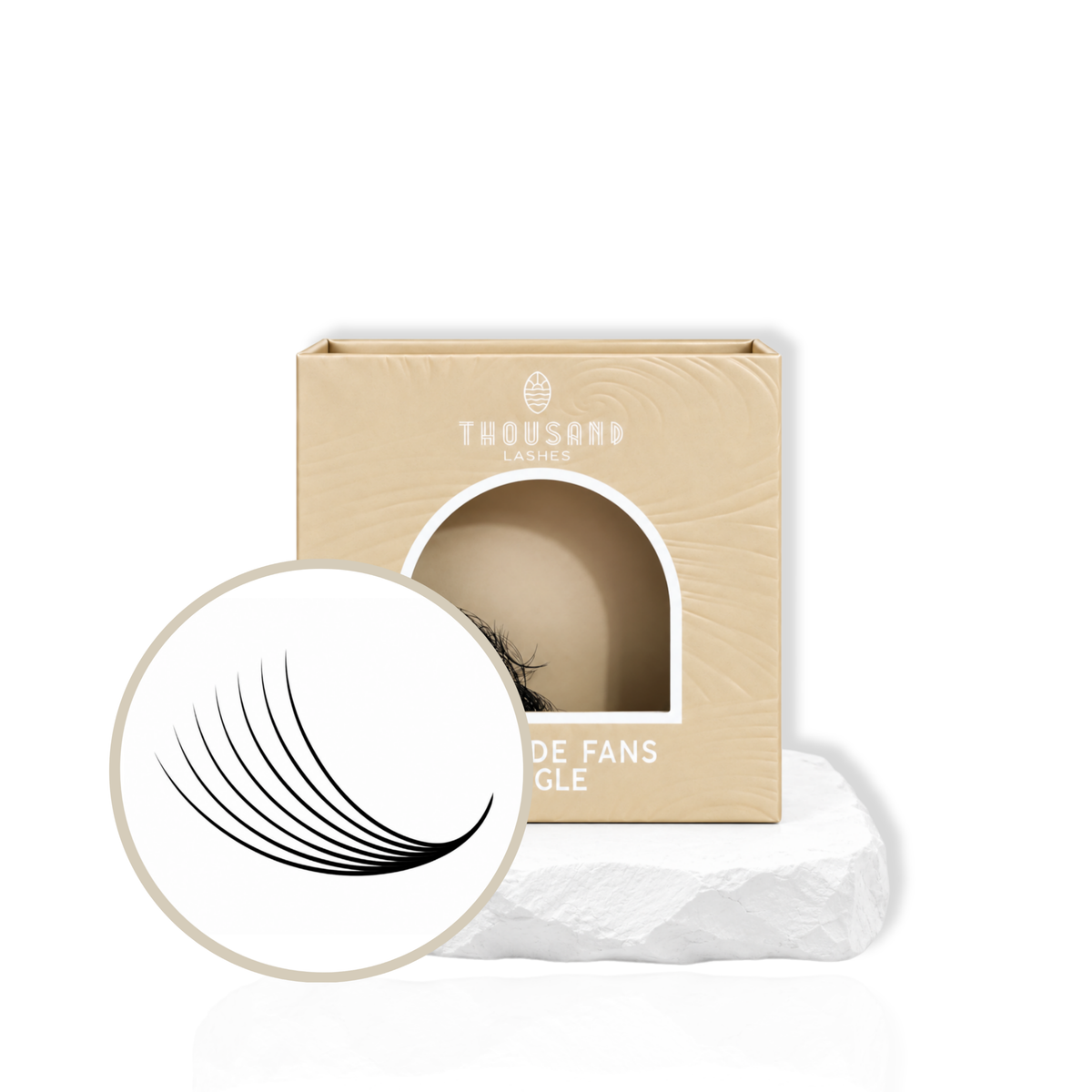 Thousandlashe 7D Pro-Made Volume Fans in beige lash tray with fan close-up