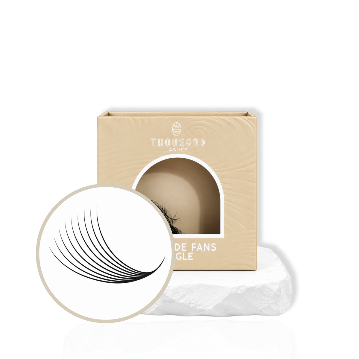 Thousandlashes 9D Pro-Made Volume Fans in beige lash tray with fan close-up