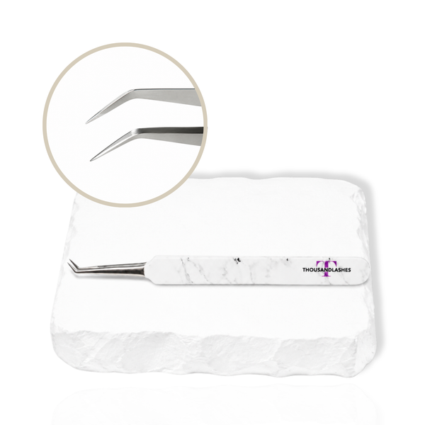 Thousandlashes Baby Isolation 45-degree tweezer with close-up view of the angled silver tip.