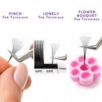 Thousandlashes Candy Charm tweezer showing pinch, lonely fan, and flower bouquet fan techniques.