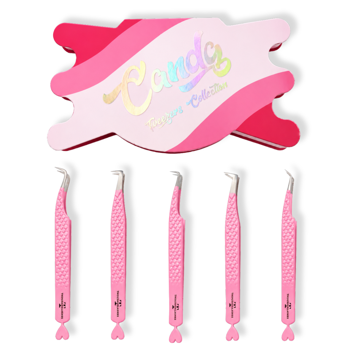 Thousandlashes Candy Tweezers Collection with five pink lash tweezers and matching holder.