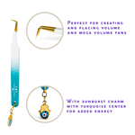 Thousandlashes Evil Eye 90-degree lash tweezer showing the angled gold tip and evil eye charm.