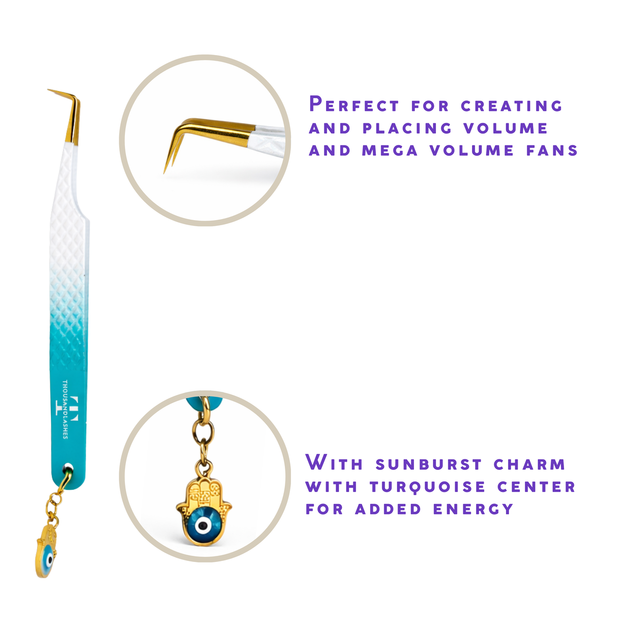 Thousandlashes Evil Eye 90-degree lash tweezer showing the angled gold tip and evil eye charm.