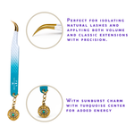 Thousandlashes Evil Eye curved isolation tweezer showing the curved gold tip and sunburst charm.