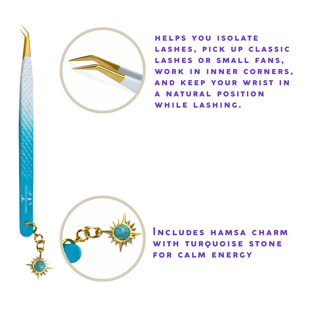 Thousandlashes Evil Eye precision lash tweezer showing the angled gold tip and sun charm.