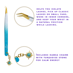 Thousandlashes Evil Eye precision lash tweezer showing the angled gold tip and sun charm.