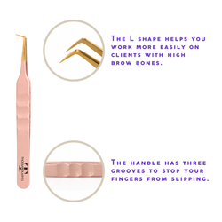 Thousandlashes nude 90-degree tweezer showing the L-shaped tip and grooved handle.