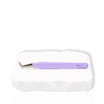 Thousandlashes purple Summer Spring Collection angled lash tweezer shown from the reverse side on a white stone surface.