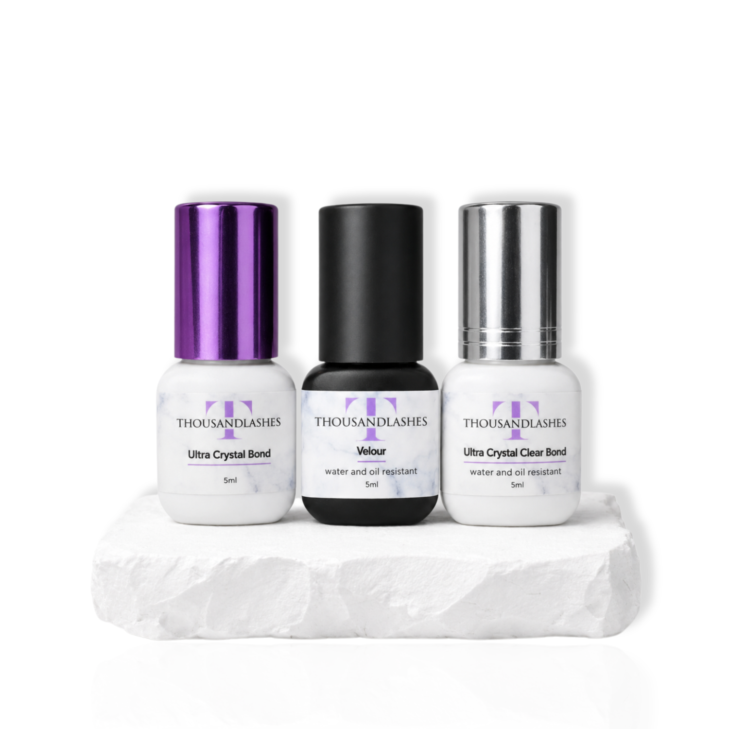 Three lash adhesive bottles product image
Professional lash glue collection by ThousandLashes featuring Velour, Ultra Crystal Bond, and Ultra Crystal Clear Bond for eyelash extensions
