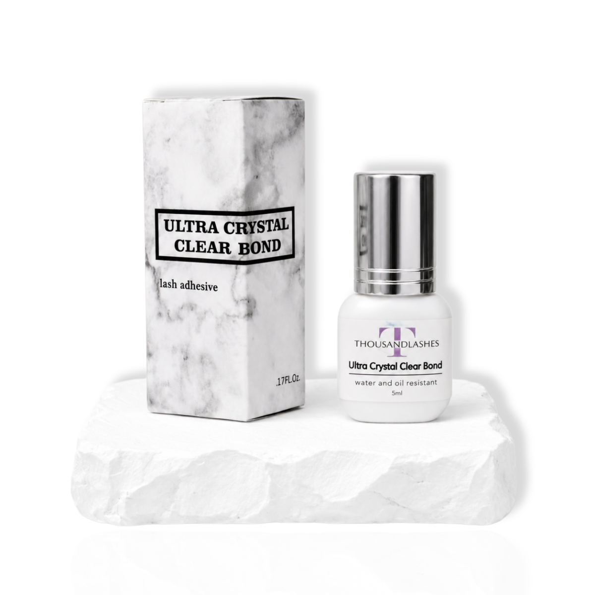 Ultra Crystal Clear Bond clear lash adhesive for professional eyelash extensions with 1 second dry time and 8 week retention