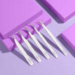 Five white marble-pattern eyelash extension tweezers displayed on a purple background.